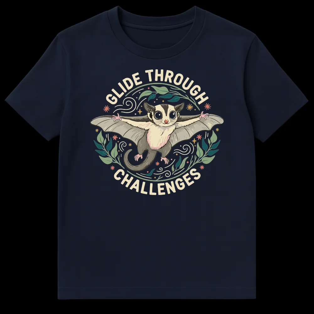T-shirt with an illustrated sugar glider gliding, surrounded by leaves and stars, with the text 'GLIDE THROUGH CHALLENGES' in an arc above and below. Design has a whimsical, nature-inspired style on a black background. on Navy Blue t-shirt