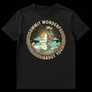 Uplifting 'SUMMIT WONDERFUL ABOUT YOU' mountain climber t-shirt design with a retro art style and an ornate Celtic knot border. on Black t-shirt