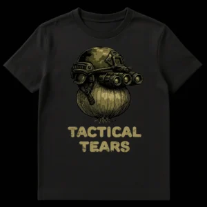 Tactical Tears T-Shirt featuring a military helmet with night vision goggles on an onion graphic on Black t-shirt