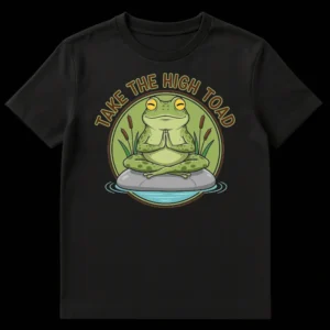 Cartoon meditating frog t-shirt with text 'TAKE THE HIGH TOAD' and pond environment visuals. on Black t-shirt