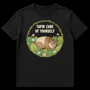 Whimsical illustration of a sleeping Malayan tapir surrounded by green leaves and pastel flowers, with text 'TAPIR CARE OF YOURSELF' on a black background. on Black t-shirt