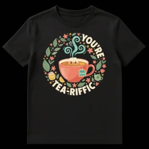 YOU'RE TEA-RIFFIC t-shirt with whimsical smiling tea bag in teacup, honey, lemon, flowers on black background. on Black t-shirt
