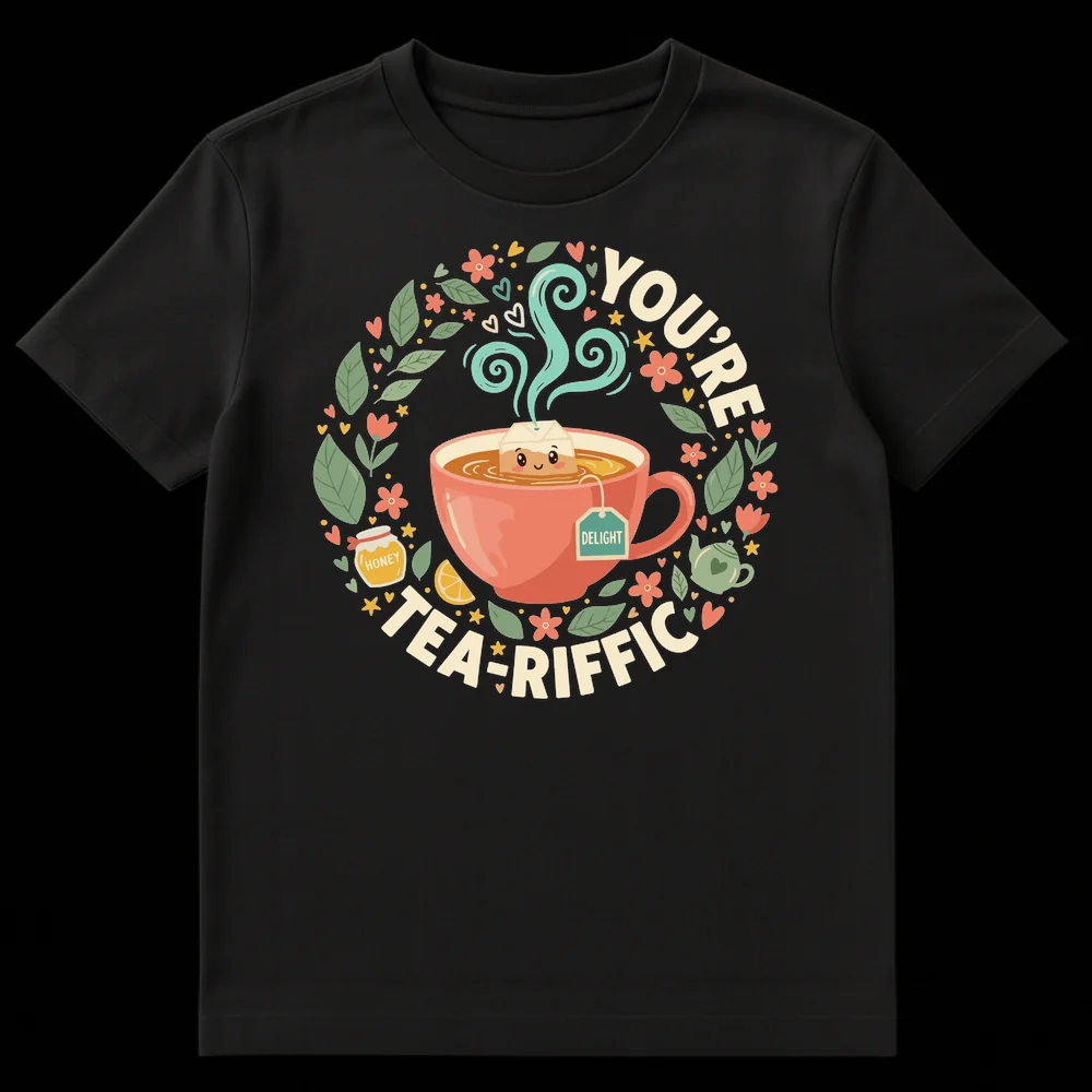 YOU'RE TEA-RIFFIC t-shirt with whimsical smiling tea bag in teacup, honey, lemon, flowers on black background. on Black t-shirt
