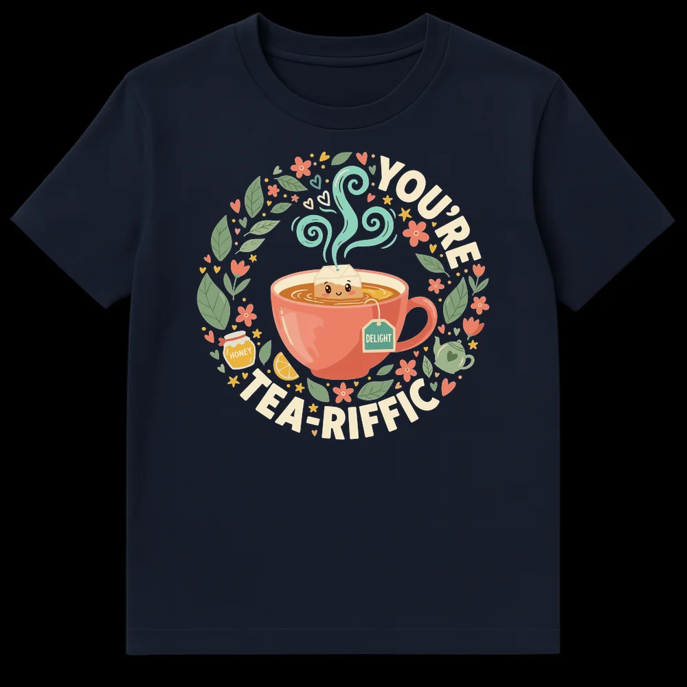 YOU'RE TEA-RIFFIC t-shirt with whimsical smiling tea bag in teacup, honey, lemon, flowers on black background. on Navy Blue t-shirt