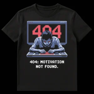 Pixel art t-shirt with 404 Motivation Not Found text and a person at a computer on Black t-shirt