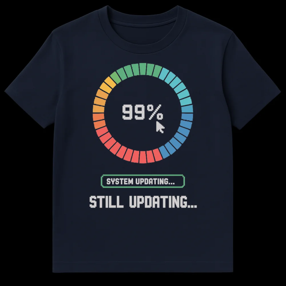 Pixel art t-shirt depicting a 99% loading bar, a mouse pointer, and 'SYSTEM UPDATING... STILL UPDATING...' text on a black background. on Navy Blue t-shirt