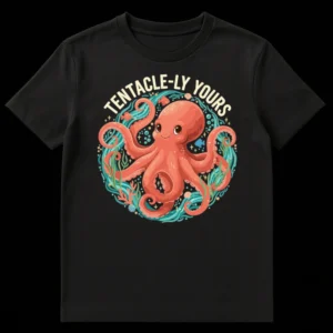 TENTACLE-LY YOURS t-shirt with cute pink cartoon octopus and vibrant underwater scene on a black background on Black t-shirt
