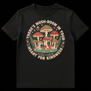 T-shirt with whimsical cottagecore mushroom illustration and 'THERE'S MUSH-ROOM IN YOUR HEART FOR KINDNESS' text on Black t-shirt