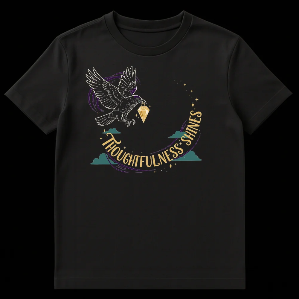 Thoughtfulness Shines Raven Diamond T-Shirt - Mystical folk art design with a raven holding a diamond, surrounded by clouds and stars, on a black background. on Black t-shirt
