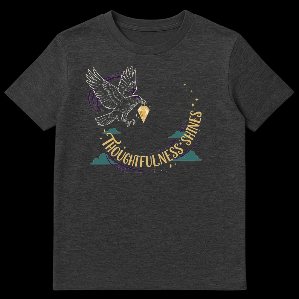 Thoughtfulness Shines Raven Diamond T-Shirt - Mystical folk art design with a raven holding a diamond, surrounded by clouds and stars, on a black background. on Dark Heather t-shirt