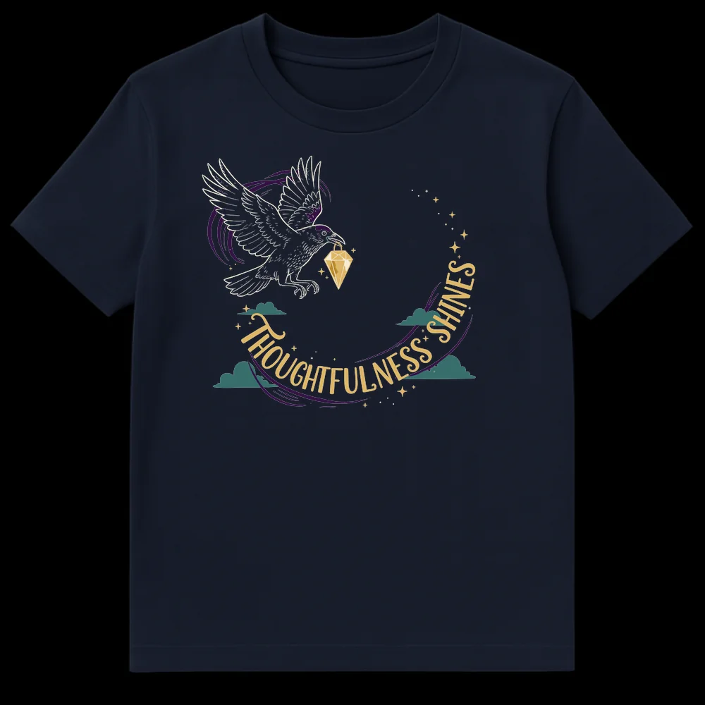 Thoughtfulness Shines Raven Diamond T-Shirt - Mystical folk art design with a raven holding a diamond, surrounded by clouds and stars, on a black background. on Navy Blue t-shirt