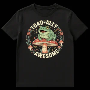 Toadally Awesome T-Shirt with a cute green cartoon frog on a red mushroom, surrounded by flowers and dragonflies on a black background. on Black t-shirt