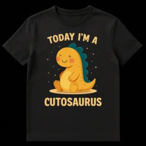 TODAY I'M A CUTOSAURUS t-shirt with a cute orange and teal cartoon dinosaur on Black t-shirt