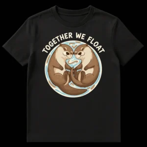 Two cute cartoon otters holding paws and floating in light blue water with 'TOGETHER WE FLOAT' text on a black t-shirt. on Black t-shirt