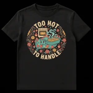Vintage cartoon style t-shirt design with a cheerful anthropomorphic oven mitt holding a hot baking dish, surrounded by baking tools, text says 'TOO HOT TO HANDLE' on a black background. on Black t-shirt