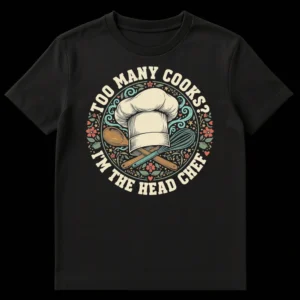 Vintage style 'Too Many Cooks? I'm The Head Chef' t-shirt with chef's hat, whisk, and spoon on a dark background. on Black t-shirt