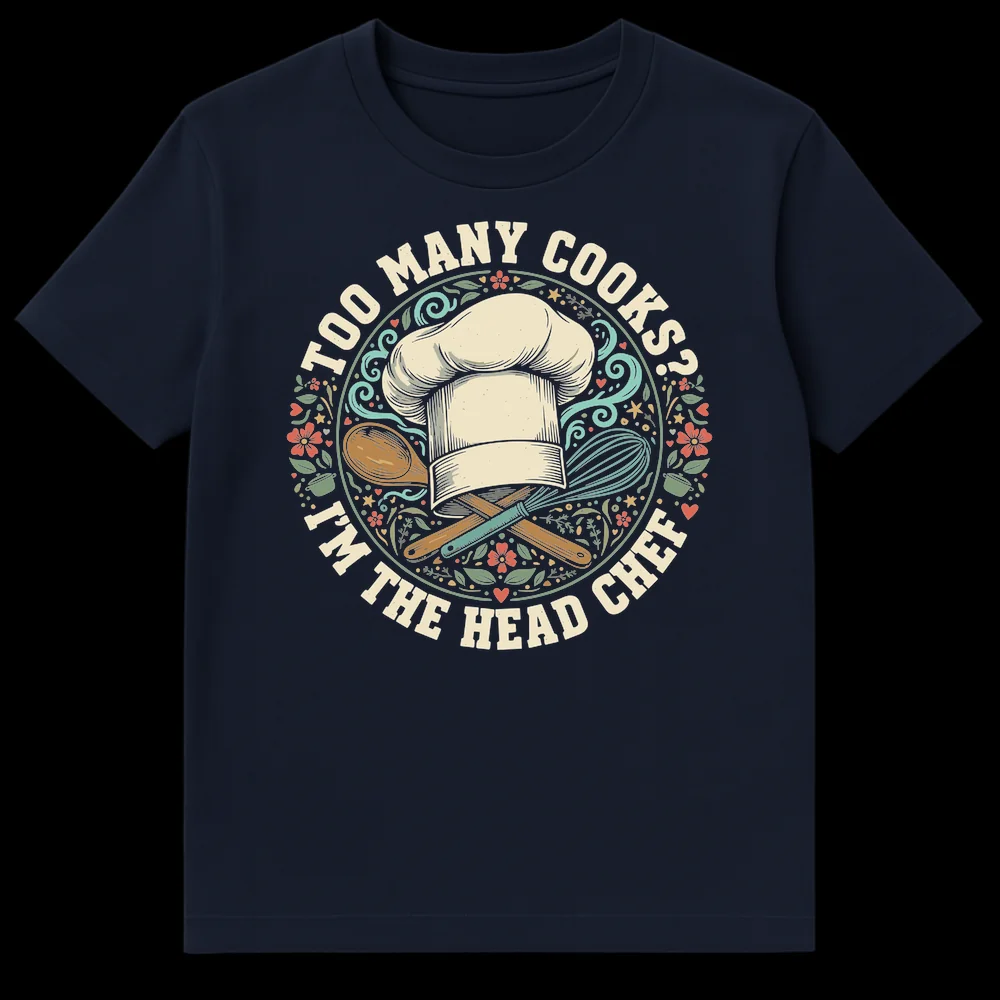 Vintage style 'Too Many Cooks? I'm The Head Chef' t-shirt with chef's hat, whisk, and spoon on a dark background. on Navy Blue t-shirt