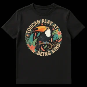 Vibrant Toucan Play at Being Kind t-shirt design with tropical bird and foliage on black background on Black t-shirt