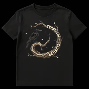 Raven perched on a gnarled branch with text 'TRUST THE INSTINCTS' t-shirt design on black background on Black t-shirt