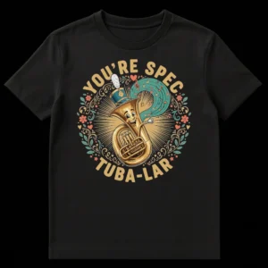 YOU'RE SPEC TUBA-LAR T-shirt with cartoon tuba wearing a marching band hat, vintage floral border, and musical notes. on Black t-shirt