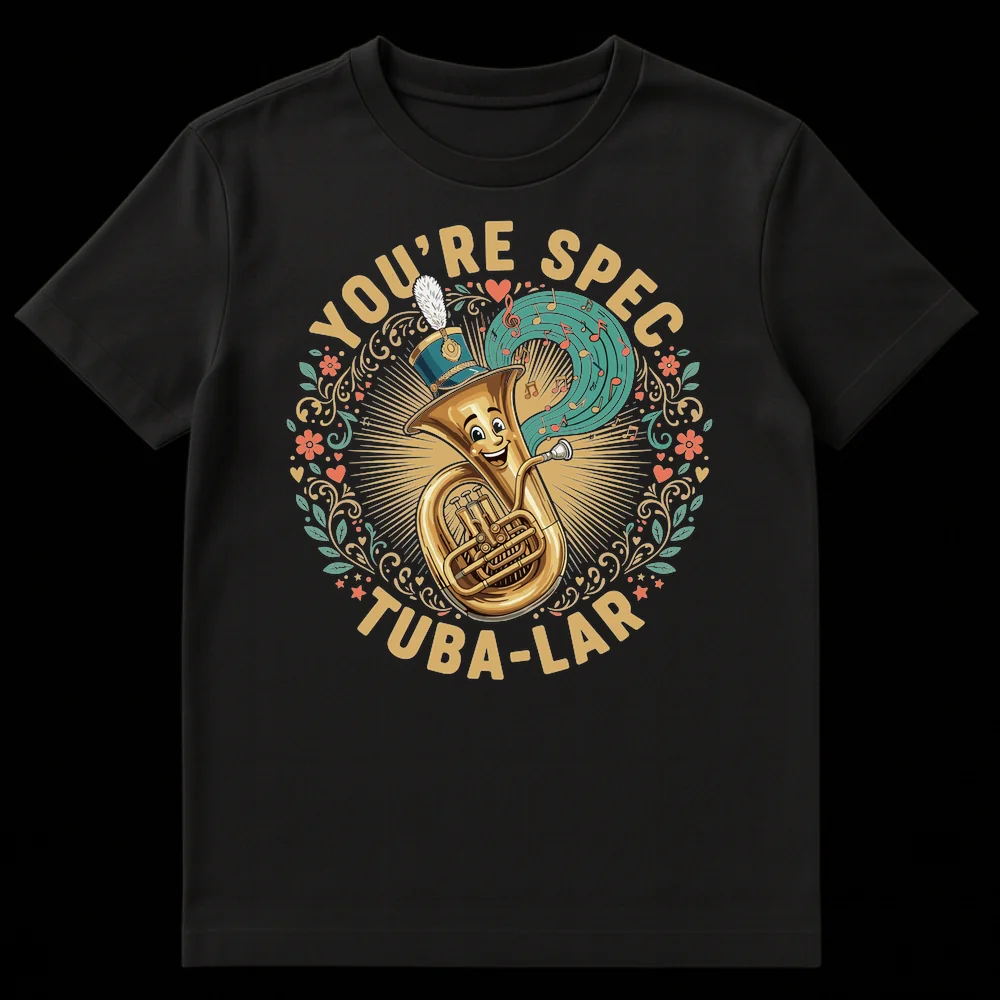YOU'RE SPEC TUBA-LAR T-shirt with cartoon tuba wearing a marching band hat, vintage floral border, and musical notes. on Black t-shirt