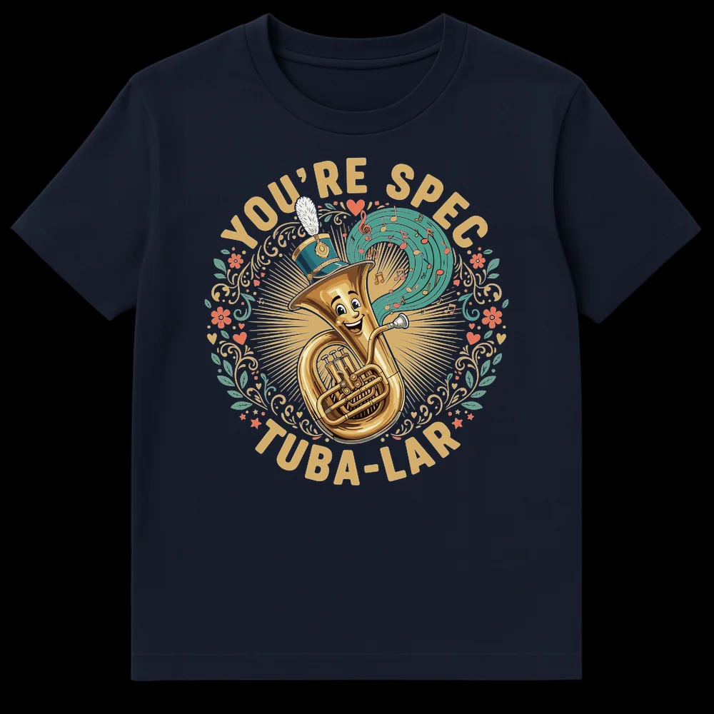 YOU'RE SPEC TUBA-LAR T-shirt with cartoon tuba wearing a marching band hat, vintage floral border, and musical notes. on Navy Blue t-shirt