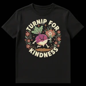Whimsical black t-shirt with a happy cartoon turnip running and holding flowers, text reads 'TURNIP FOR KINDNESS' on Black t-shirt