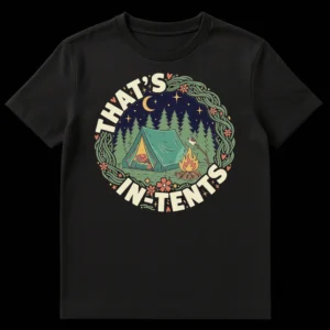 THAT'S IN-TENTS camping t-shirt with retro-style illustration of a tent, campfire, and starry night sky in a circular vine border on Black t-shirt