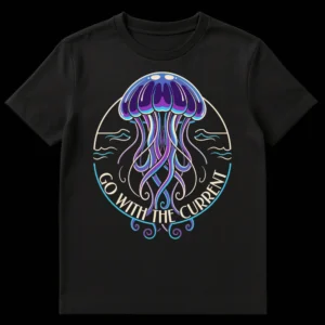 Go With The Current T-Shirt featuring a stylized, glowing purple and blue jellyfish with long tentacles and 'GO WITH THE CURRENT' text below, set within a circular wave border on a black background. on Black t-shirt