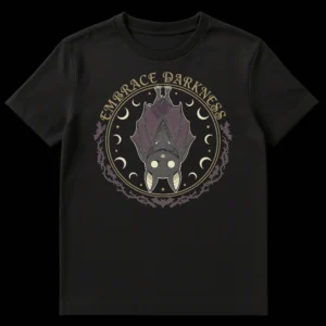 Cute cartoon bat t-shirt with 'EMBRACE DARKNESS' text, moon phases, and thorny branches in a gothic whimsical style. on Black t-shirt