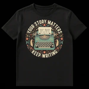 Vintage typewriter t-shirt design with 'Your Story Matters Keep Writing' text, surrounded by folk art flowers and inspirational phrases in a warm color palette on a black background. Ideal for writers and authors. on Black t-shirt