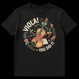 Whimsical black t-shirt featuring a viola surrounded by musical notes, flowers, and ribbons, with text "VIOLA! YOU DID IT" in cream lettering. on Black t-shirt