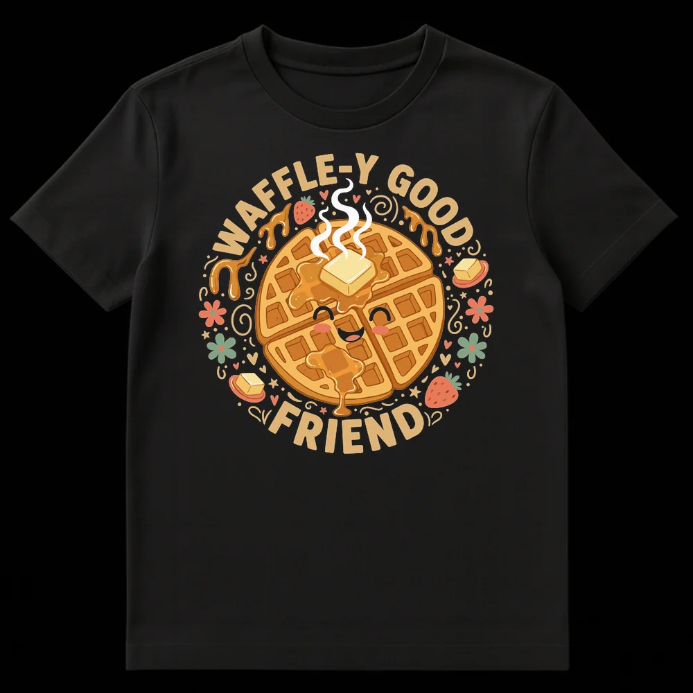 Cute anthropomorphic waffle on a black t-shirt with 'WAFFLE-Y GOOD FRIEND' text and decorative food elements on Black t-shirt