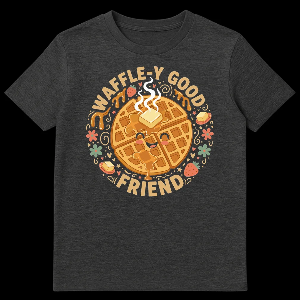 Cute anthropomorphic waffle on a black t-shirt with 'WAFFLE-Y GOOD FRIEND' text and decorative food elements on Dark Heather t-shirt