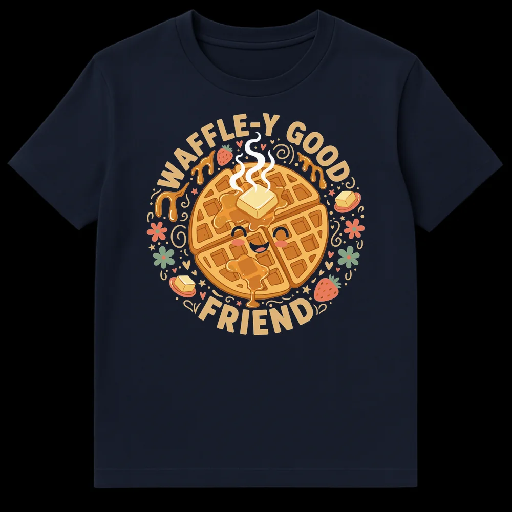 Cute anthropomorphic waffle on a black t-shirt with 'WAFFLE-Y GOOD FRIEND' text and decorative food elements on Navy Blue t-shirt