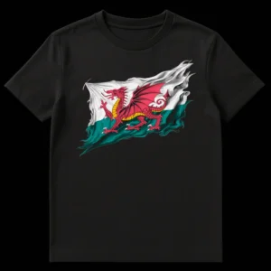 Distressed Welsh Flag T-Shirt with Y Ddraig Goch Red Dragon, symbolizing Welsh national pride and heritage. on Black t-shirt