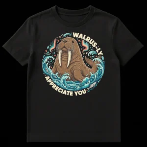 Friendly cartoon walrus t-shirt with 'WALRUS-LY APPRECIATE YOU' text, surrounded by ocean waves, fish, and aurora-like colors. on Black t-shirt