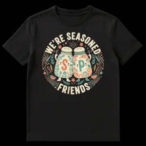 WE'RE SEASONED FRIENDS T-Shirt with anthropomorphic salt and pepper shakers, surrounded by kitchen items and folk art florals. on Black t-shirt