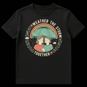 Two women under a teal umbrella with a rainbow above, text 'WEATHER THE STORM TOGETHER', surrounded by botanical frame on a black t-shirt. on Black t-shirt