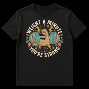 Retro cartoon t-shirt design with a flexed bicep lifting a dumbbell, text 'WEIGHT A MINUTE YOU'RE STRONG', surrounded by stars and lightning bolts. on Black t-shirt