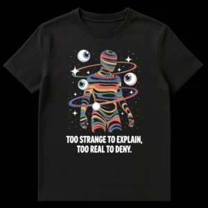 Neo-psychedelic t-shirt with swirling, multi-colored abstract human figure and floating eyeballs on a black background. Text 'TOO STRANGE TO EXPLAIN, TOO REAL TO DENY' in white. on Black t-shirt