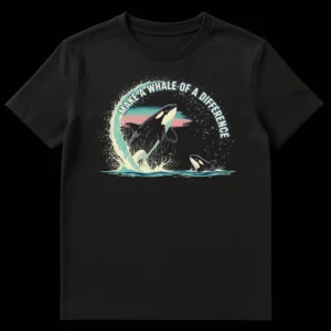 MAKE A WHALE OF A DIFFERENCE t-shirt with two breaching orcas in a vibrant ocean scene, against a colorful sunset or aurora background on Black t-shirt