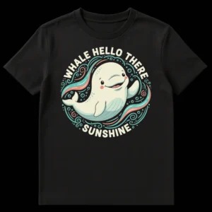 Whale Hello There Sunshine t-shirt with a cute, winking beluga whale graphic and ocean swirls on a black background. on Black t-shirt