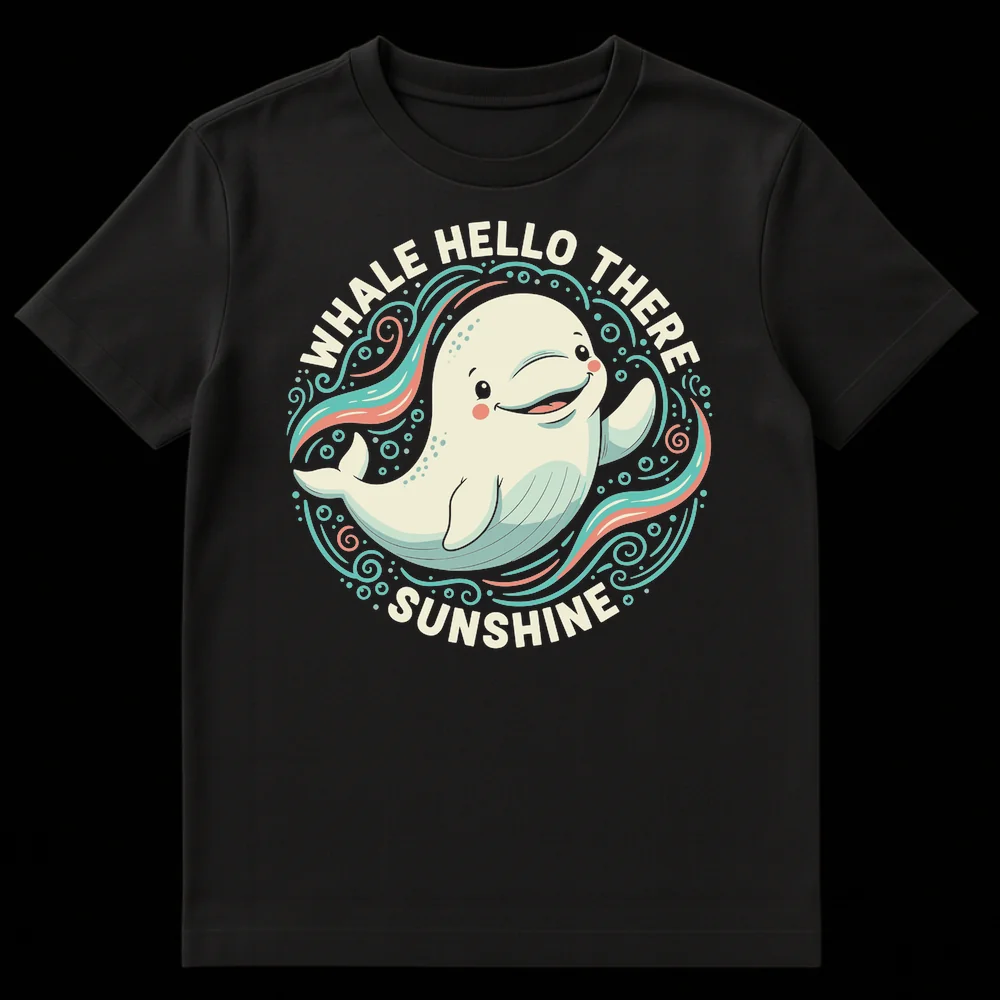 Whale Hello There Sunshine t-shirt with a cute, winking beluga whale graphic and ocean swirls on a black background. on Black t-shirt