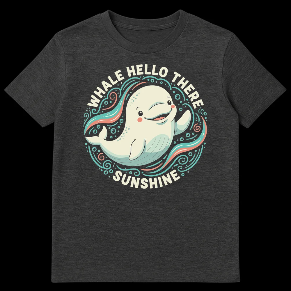 Whale Hello There Sunshine t-shirt with a cute, winking beluga whale graphic and ocean swirls on a black background. on Dark Heather t-shirt