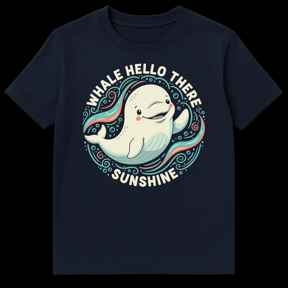 Whale Hello There Sunshine t-shirt with a cute, winking beluga whale graphic and ocean swirls on a black background. on Navy Blue t-shirt