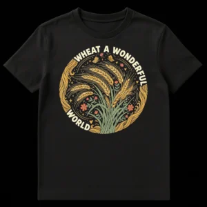 WHEAT A WONDERFUL WORLD t-shirt design with golden wheat, flowers, butterflies, and ladybugs in a rustic, circular art style. on Black t-shirt