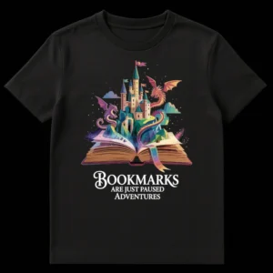 T-shirt with a fantasy design showing dragons and a castle emerging from an open book with the text "BOOKMARKS ARE JUST PAUSED ADVENTURES" on Black t-shirt