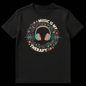 Music Is My Therapy T-Shirt with hand-drawn headphones, musical notes, leaves, and flowers on a black background on Black t-shirt