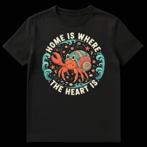 Whimsical cartoon hermit crab t-shirt with 'Home Is Where The Heart Is' text, surrounded by ocean waves, starfish, and shells. Crab has a decorated shell. on Black t-shirt